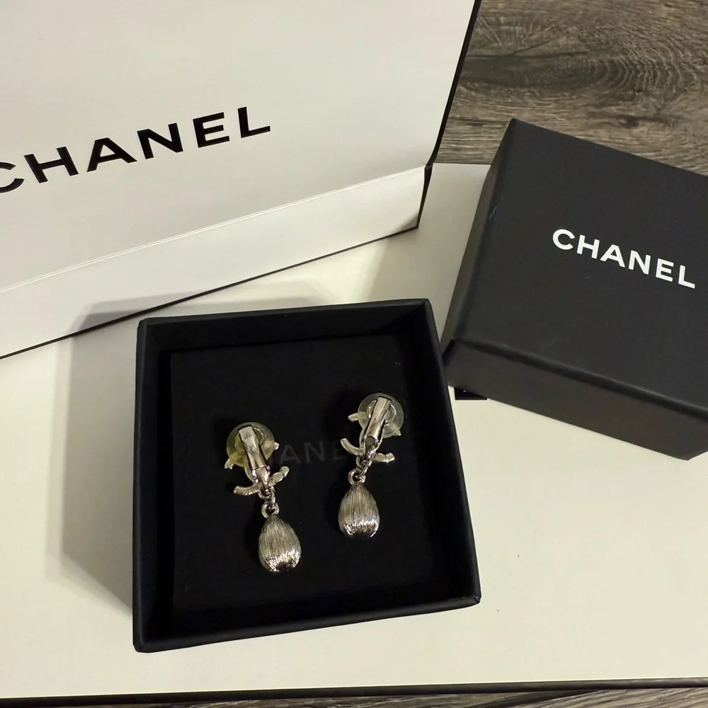 CHANEL Silver Crystal CC Teardrop Dangle Clip On Earrings